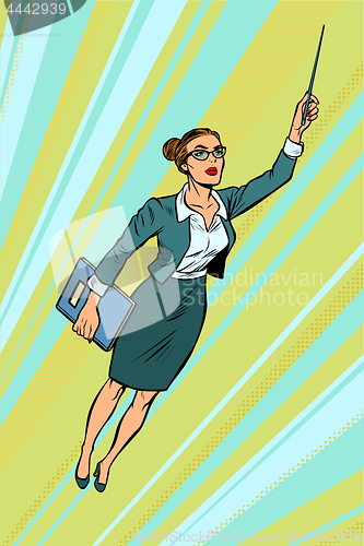 Image of female teacher, superhero flying