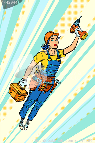 Image of woman with drill, repair and construction. Superhero flying