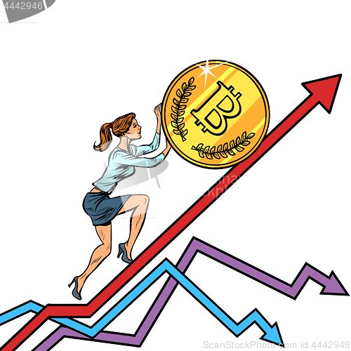 Image of woman businesswoman roll a bitcoin coin up