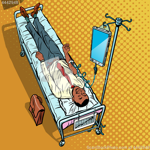 Image of Dependency on gadgets concept. African man under medical dropper