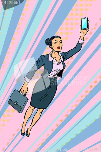 Image of woman businesswoman, superhero flying