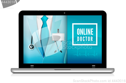 Image of Online doctor consultation technology in laptop. Medical doctor in suit with stethoscope close up. Vector illustration