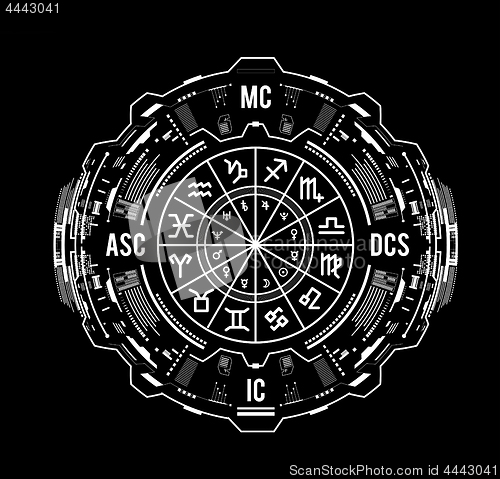 Image of Astrology background. Natal chart, zodiac signs, houses and significators. HUD Interface futuristic design. Vector illustration