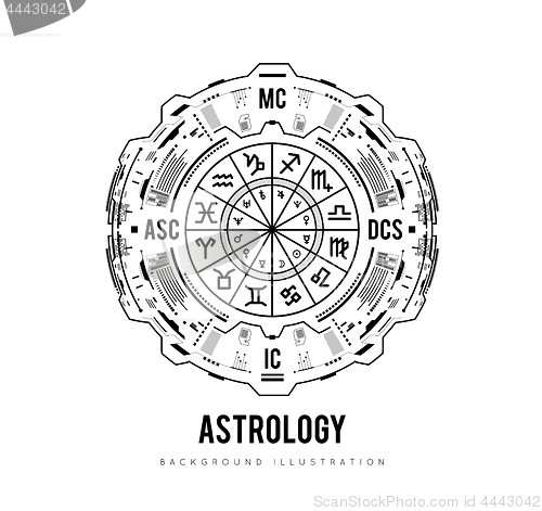 Image of Astrology background. Natal chart, zodiac signs, houses and significators. HUD Interface futuristic design. Vector illustration
