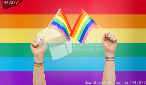 Image of hand with gay pride rainbow flags and wristbands