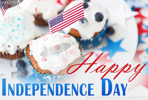 Image of cupcakes with american flags on independence day