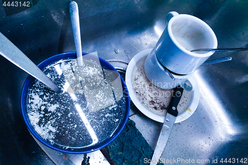 Image of Pile of dirty dishes in sink