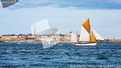 Image of Seaside view of Saint Malo and sailboat