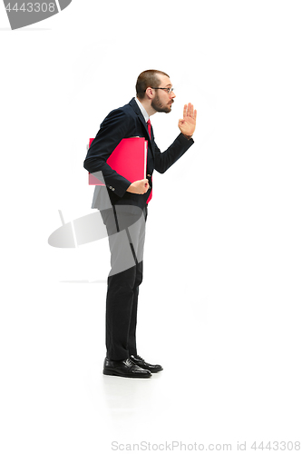 Image of Choose me. Full body view of businessman with red folder on white studio background