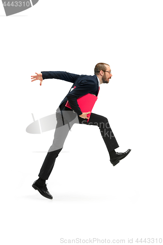 Image of Businessman running with a folder on white background