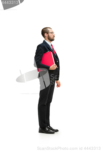 Image of Full body portrait of businessman with folder on white