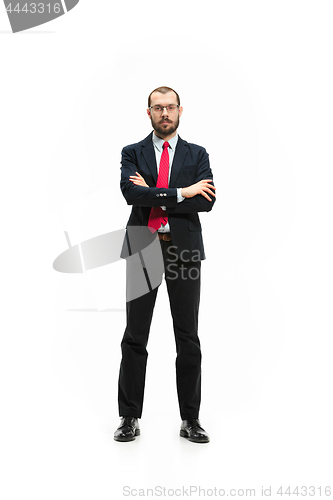 Image of Full body portrait of businessman with folder on white