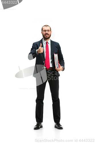 Image of Full body portrait of businessman with folder on white