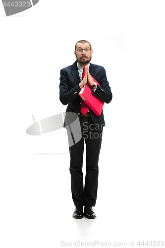 Image of Choose me. Full body view of businessman on white studio background