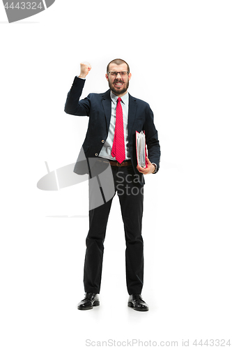 Image of Full body portrait of businessman with folder on white