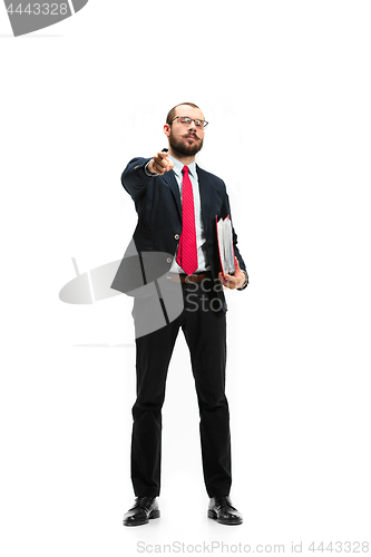 Image of Full body portrait of businessman with folder on white