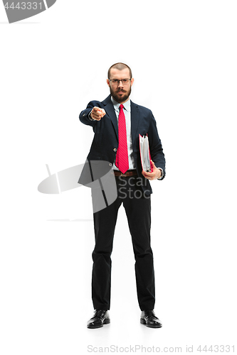 Image of Full body portrait of businessman with folder on white