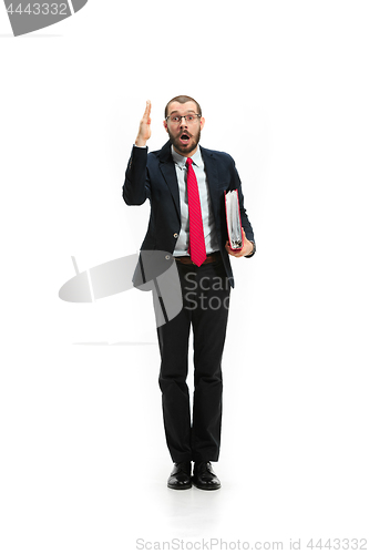 Image of Choose me. Full body view of businessman on white studio background