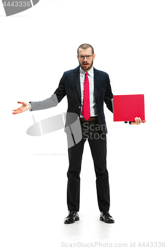 Image of Full body portrait of businessman with folder on white