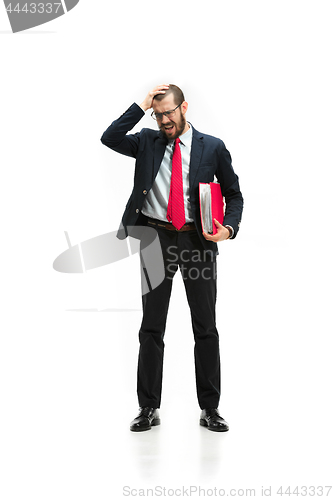 Image of Full body portrait of businessman with folder on white