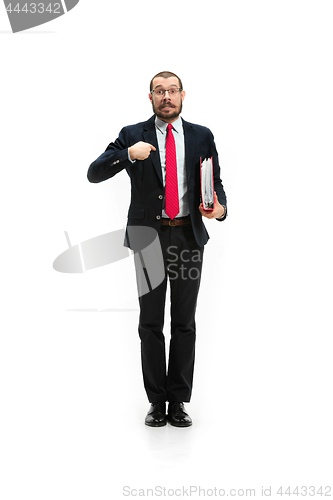 Image of Choose me. Full body view of businessman on white studio background