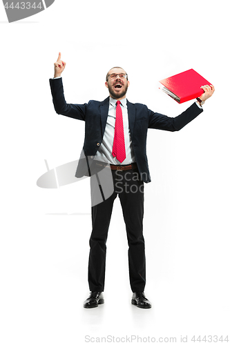 Image of Full body portrait of businessman with folder on white