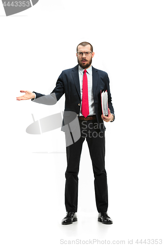 Image of Full body portrait of businessman with folder on white