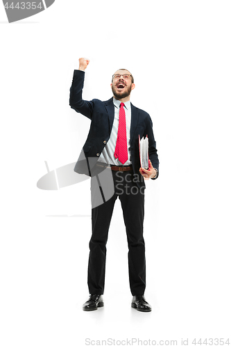 Image of Full body portrait of businessman with folder on white