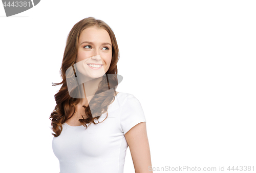 Image of happy woman in white t-shirt