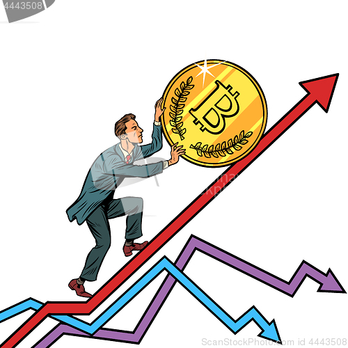 Image of businessman roll a bitcoin coin up