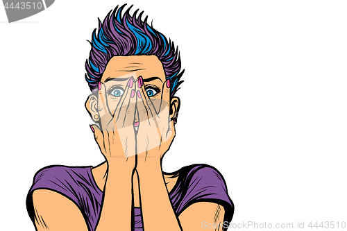 Image of surprised woman covered her face with hands