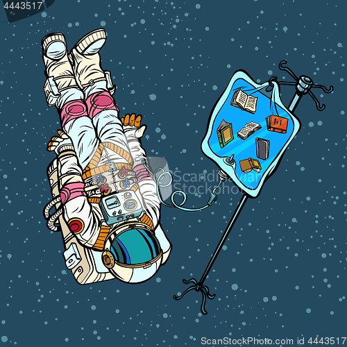 Image of Books, science and knowledge. Astronaut under medical dropper