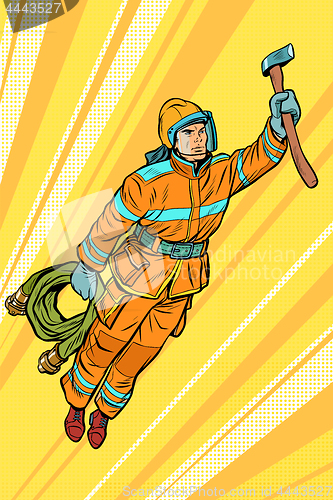 Image of fireman, firefighter flying superhero help