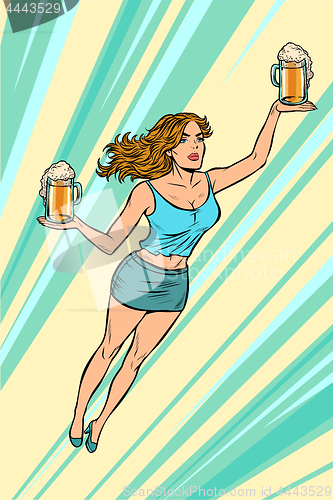 Image of waitress carries beer flying superhero help