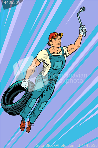 Image of man mechanic tire. flying superhero help