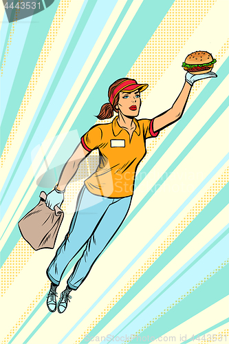 Image of waitress Burger fast food delivery flying superhero help