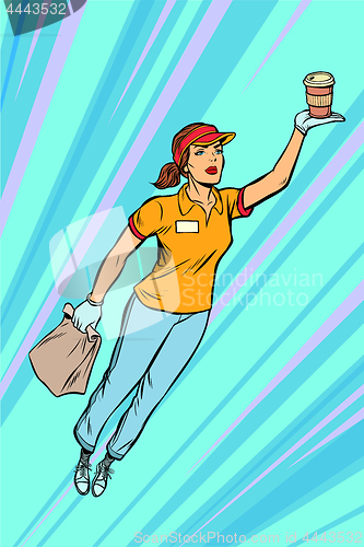 Image of waitress coffee fast food delivery flying superhero help