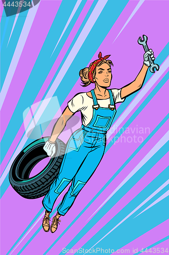 Image of woman mechanic tire flying superhero help