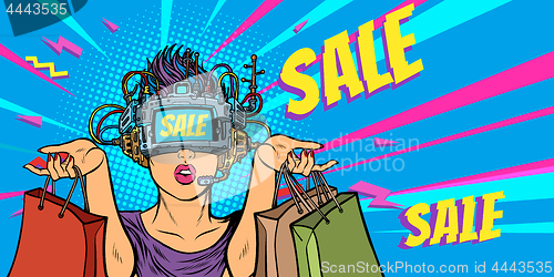 Image of woman shopping on sale. virtual reality