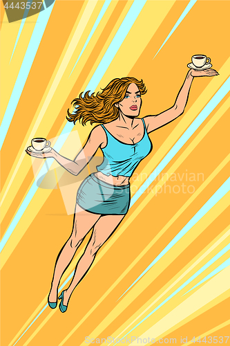 Image of waitress carries coffee flying superhero help