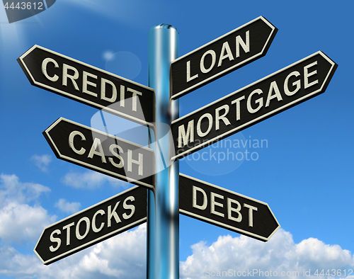 Image of Credit Loan Mortgage Signpost Showing Borrowing Finance And Debt