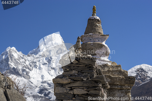 Image of Buddhist stupa and Ama Dablam summit in Khumbu