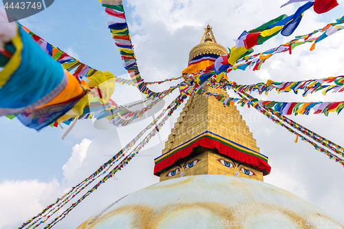 Image of Boudhanath Stupa and prayer flags in Kathmandu