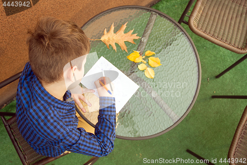 Image of Boy is doing homework outdoors