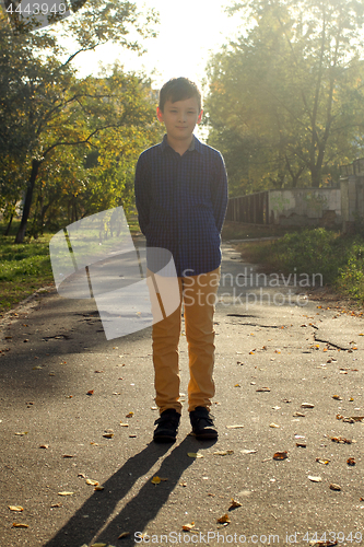 Image of Happy boy have fun in the autumn park