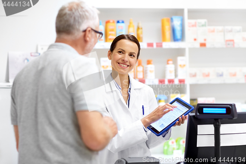 Image of apothecary and customer with tablet pc at pharmacy