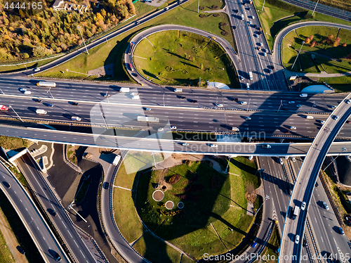 Image of Aerial view of a freeway intersection traffic trails in Moscow.