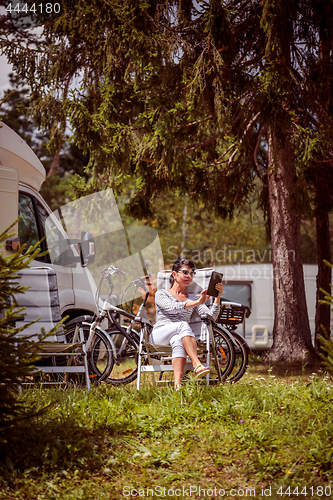 Image of Family vacation travel, holiday trip in motorhome RV