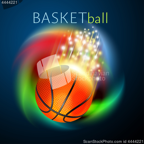 Image of basketball sport ball flying over rainbow