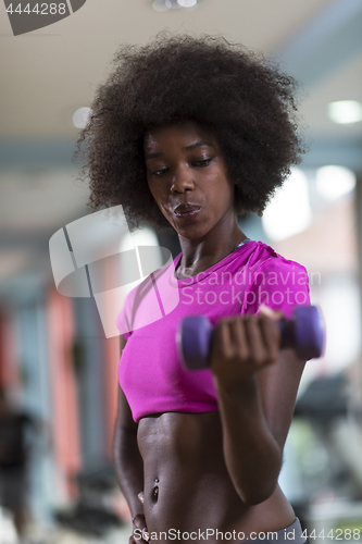 Image of woman working out in a crossfit gym with dumbbells